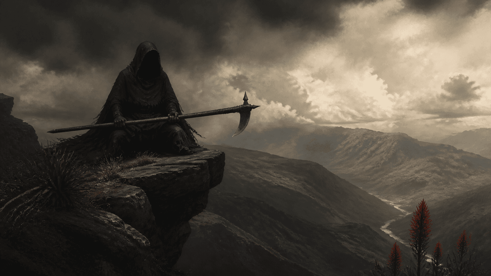 Original Haemlet illustration for damned: The menacing figure calmly sat on the precipice of the Bolivian cliff brandishing a fauchard in both hands as it watched me with apprehension. It was dark but I could see from...